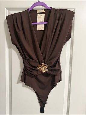 Women’s Chocolate Brown V-Neck Bodysuit with Gold Accent